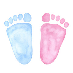 Little blue pink footprint. Baby shower, gender reveal party, design invitation. Boy or girl. Hand drawn watercolor illustration isolated background. For family surprise party feast