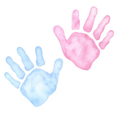 Little blue pink palm, handprint. Baby shower, gender reveal party, design invitation. Boy or girl. Hand drawn watercolor illustration isolated background. For family surprise party feast