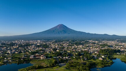 Aerial view of the Fujikawaguchiko village and Mount Fuji, summer in Japan - obrazy, fototapety, plakaty