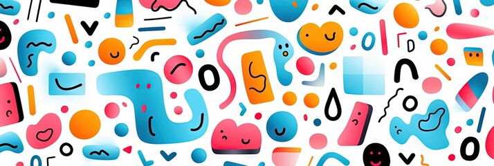 Children's cartoon abstract minimalist backdrop doodle drawing with lines and geometric shapes. Fun and trendy colorful simple background, wallpaper texture design for kids, vector. Generative AI, AI