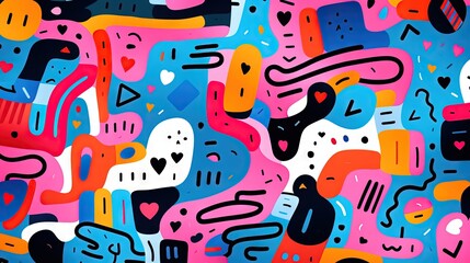 Obraz premium Children's cartoon abstract minimalist backdrop doodle drawing with lines and geometric shapes. Fun and trendy colorful simple background, wallpaper texture design for kids, vector. Generative AI, AI