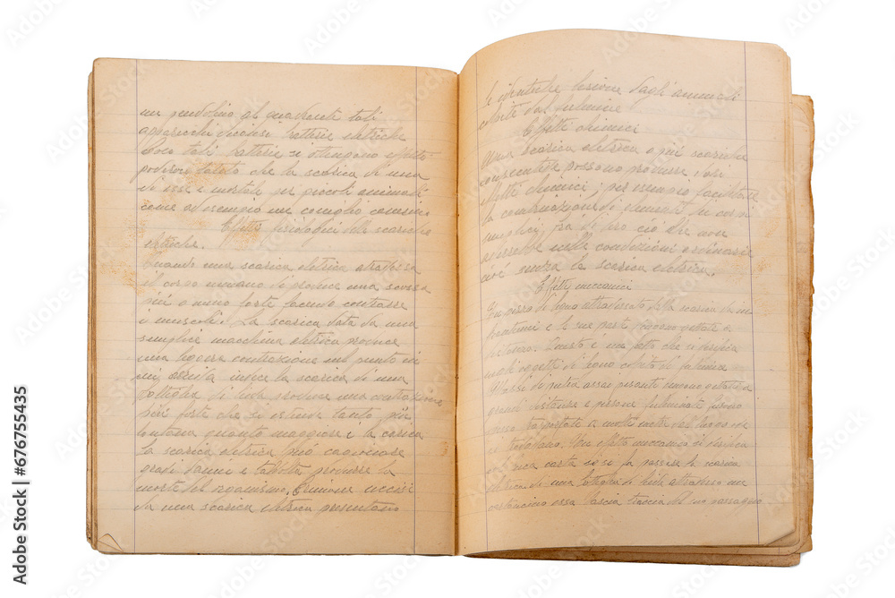 Fototapete 1930s ruled notebook with elegant cursive writing in pencil of Italian science theme on pages yellowed by time. Isolated top view