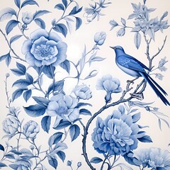 Chinoiserie botanical skecth with bird in  blue super detailed classic painting style