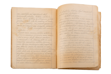 1930s ruled notebook with elegant cursive writing in pencil of Italian science theme on pages yellowed by time. Isolated top view