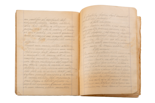 1930s ruled notebook with elegant cursive writing in pencil of Italian science theme on pages yellowed by time. Isolated top view