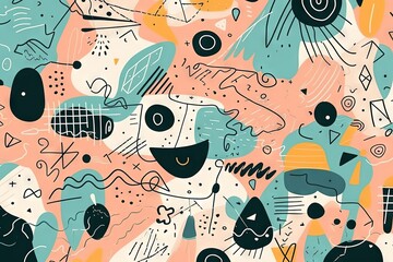 Children's cartoon abstract minimalist doodle drawing with lines and geometric shapes. Fun, cute and trendy colorful simple background, wallpaper texture design for kids, vector. Generative AI, AI