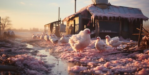 chicken farm in the winter - obrazy, fototapety, plakaty