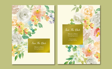 水彩で描いた白いバラと草花のインビテーションカード用イラスト