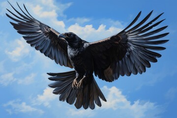 Obraz premium Young Common Raven Hovers in the blue Sky Generative Ai
