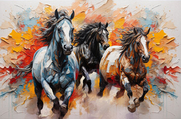 OIL painting . Artistic drawing of a herd of horses. artist canvas art animal painting collection for decoration and interior Abstract wall art