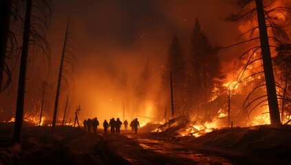 fire in the forest.people, firefighters rescue team in a burning forest