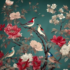 Chinoiserie magnolia flower with bird in colorful deep blue background super detailed ultra luxury painting style