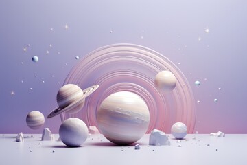 A Celestial Symphony: Planets Dancing in a Purple Cosmos. An artistic 3D group of planets with a purple background