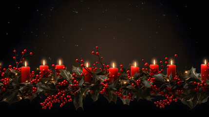 Fototapeta na wymiar Red candles and holly berry branch garland
