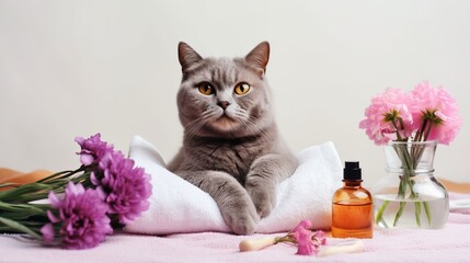 Cat or kitten at spa procedures at beauty salon. Cat in towel after bath, haircut grooming, massage and manicure, with bottles and jars of pet cosmetics.