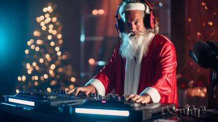 dj Santa Claus on Christmas or New Year party - obrazy, fototapety, plakaty