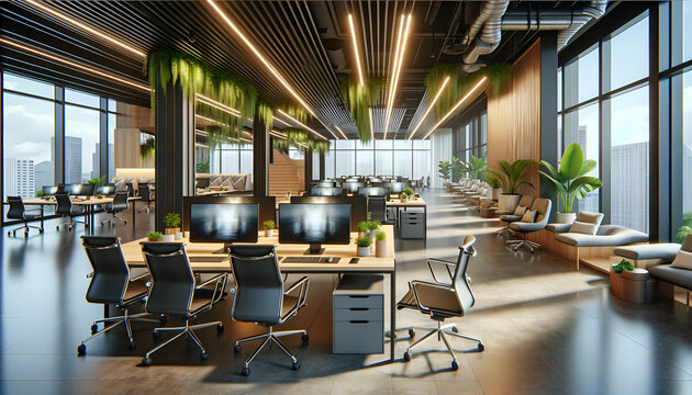 A high-definition image of an upscale, professional co-working space designed for optimal productivity and collaboration
