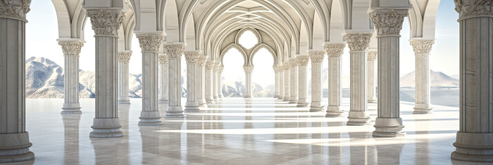 Fantasy white marble arches in fictional building. Generative AI.  - obrazy, fototapety, plakaty