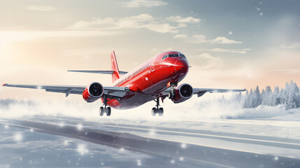 Fototapeta na wymiar Airplane is taking off from the winter snow airport. Concept of New Year or Christmas holiday