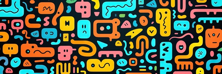 Obraz premium A fun, cute children's cartoon abstract minimalist doodle drawing with lines and geometric shapes. Trendy colorful simple background, wallpaper texture design for kids, vector. Generative AI, AI