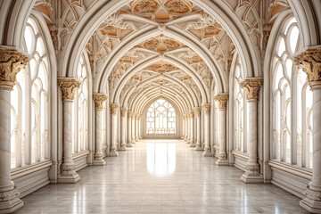 Fantasy white marble arches in fictional building. Generative AI. 