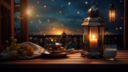Fototapeta na wymiar Candle lantern decoration, Islamic holiday Ramadan Kareem ornament wallpaper background.