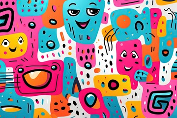 A Cute and fun children's cartoon abstract minimalist doodle drawing with lines and geometric shapes. Trendy colorful simple background, wallpaper texture design for kids, vector. Generative AI, AI