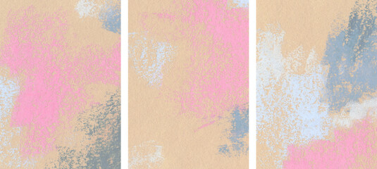 Three abstract paintings. Pastel colours. Versatile artistic image for creative design projects: posters, cards, banners, magazines, prints, wallpapers. Artist-made art, no AI.