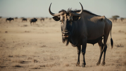 wildebeest in masai mara country , nature wildlife photograph - obrazy, fototapety, plakaty