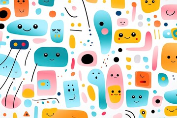 Fototapeta premium A Cute and fun children's cartoon abstract minimalist doodle drawing with lines and geometric shapes. Trendy colorful simple background, wallpaper texture design for kids, birthday. Generative AI, AI