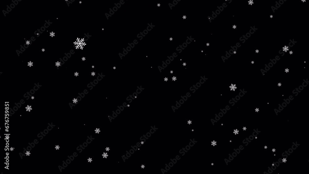 Poster beautiful loop falling moving white starflakes particles animaiton on black abstract background. iso