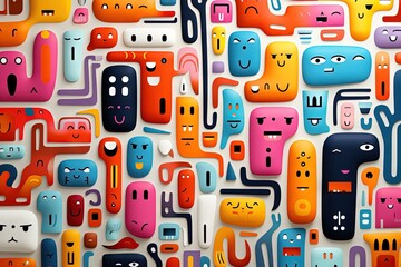 A Cute and fun children's cartoon abstract minimalist doodle drawing with lines and geometric shapes. Trendy colorful simple background, wallpaper texture design for kids, birthday. Generative AI, AI