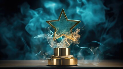 Elevate success with elegance! Behold a gold star trophy in smoke against a blue background. Invest in stocks that embody the prestige of achievement - obrazy, fototapety, plakaty