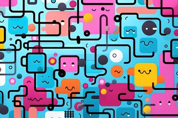 A Cute and fun children's cartoon abstract minimalist doodle drawing with lines and geometric shapes. Trendy colorful simple background, wallpaper texture design for kids, birthday. Generative AI, AI