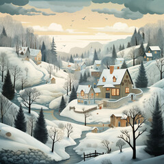 Whimsical illustrations of snowy landscapes, charming villages, and cozy winter scenes