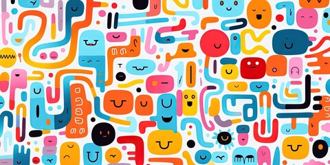 A Cute and fun children's cartoon abstract minimalist doodle drawing with lines and geometric shapes. Trendy colorful simple background, wallpaper texture design for kids. Generative AI, AI