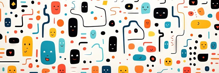 A Cute and fun children's cartoon abstract minimalist doodle drawing with lines and geometric shapes. Trendy colorful simple background, wallpaper texture design for kids. Generative AI, AI