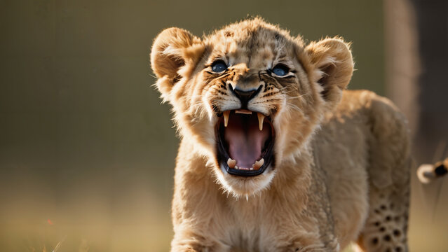 lion cub roaring , nature wildlife photography