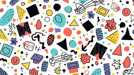 A Cute and fun children's cartoon abstract minimalist doodle drawing with lines and geometric shapes. Trendy colorful simple background, wallpaper texture design for kids. Generative AI, AI