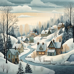 Whimsical illustrations of snowy landscapes, charming villages, and cozy winter scenes