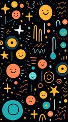 A Cute and fun children's cartoon abstract minimalist doodle drawing with lines and geometric shapes. Trendy colorful simple background, wallpaper texture design for kids. Generative AI, AI