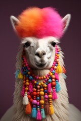 Naklejka premium A Majestic Llama in a Vibrant Multicoloured Headpiece and Colourful Necklace Exuding Style and Personality
