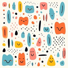 A Cute and fun children's cartoon abstract minimalist doodle with lines and geometric shapes. Trendy colorful simple background, wallpaper texture design for kids. Generative AI, AI