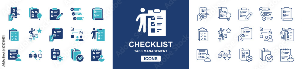 Aufkleber project to-do task checklist progress icon set clipboard checkmark business document tasklist priority management vector symbol illustration for web and app template design