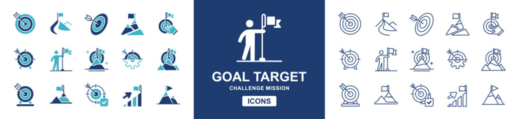 goal target mission success icon set business challenge objective and achievement with hike mountain summit and aim arrow symbol marketing management vector illustration - obrazy, fototapety, plakaty