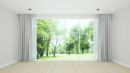 Empty room design for real estate brochure. Room design for hotel or home with forest view. 3D...