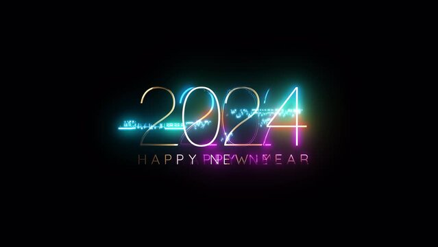 2024  Happy New Year golden text with light motion glitch cyber punk effect animation abstract backgrund.Isolated with alpha channel Quicktime Prores 444 encode. 