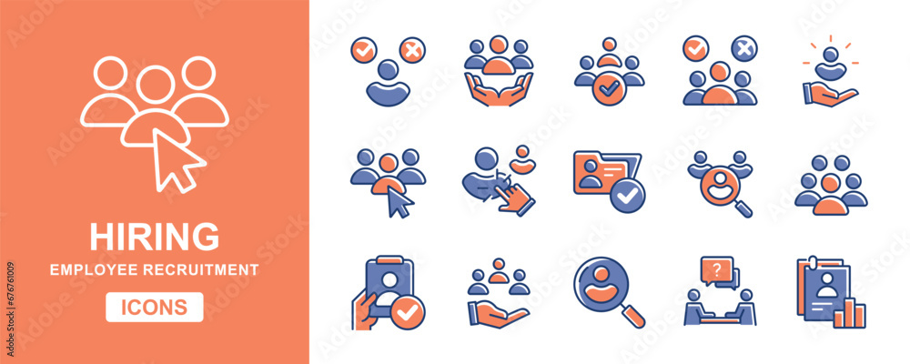 Poster collection of hiring recruitment icons set. headhunting job interview human resource recruitment ico