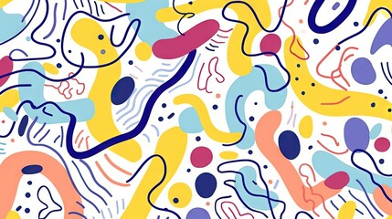 Naklejka premium A Cute and fun abstract minimalist doodle with lines and geometric shapes. Trendy colorful simple background, wallpaper texture design for kids. Generative AI, AI