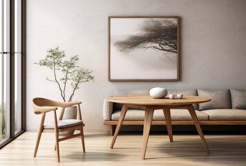 Round wooden dining table and rustic chairs with a sofa near the wall with an art frame.